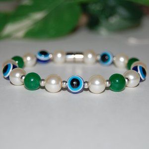 Evil Eye Bracelet,Pearl and Jade Bracelet,Good Luck Bracelet,Magnetic Closure